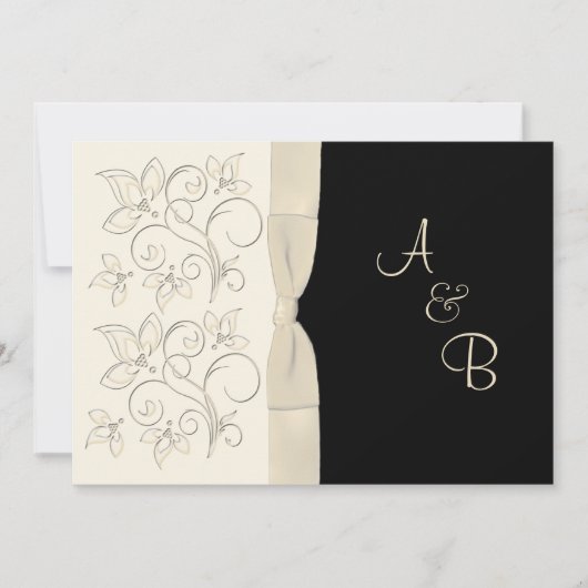 PRINTED RIBBON Ivory Black Monogram Wedding Invite Kaart (Voorkant)