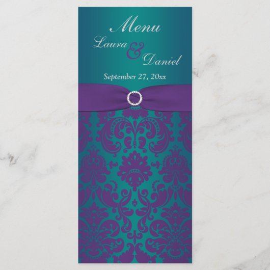 PRINTED RIBBON Paars, Blauwgroen bruiloft Menu Kaa (Voorkant)