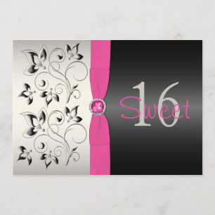 PRINTED RIBBON Pink, Black Floral Sweet 16 Invite Kaart