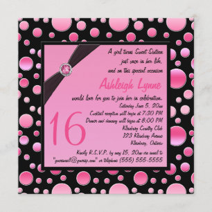 PRINTED RIBBON Pink, Black Stippen Sweet 16 Invite Kaart