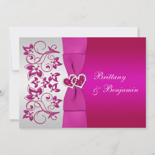 PRINTED RIBBON Pink, Silver Floral Wedding Invite Kaart (Voorkant)