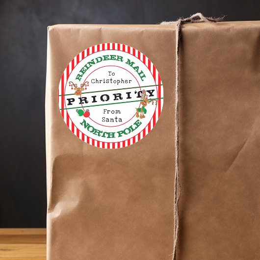 Prioritaire rendierpost van kerstcadeau ronde sticker