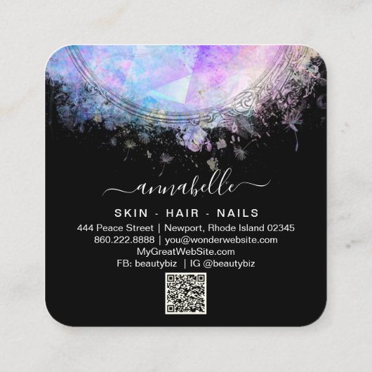 *~* Prism QR AP26 OPAL Rainbow Etheral Dandelion Vierkante Visitekaartje (Achterkant)