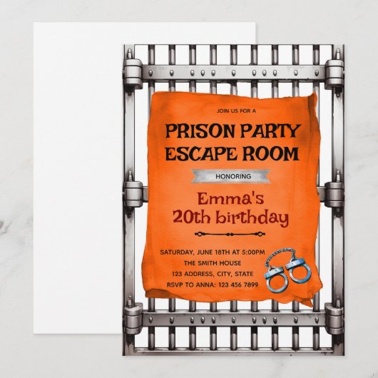 Prison escape room party Invitation (Devant / Derrière)