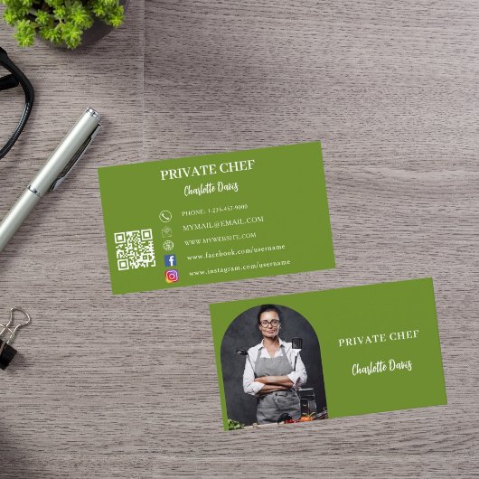 Private chef basilicum groene foto boog QR code Visitekaartje