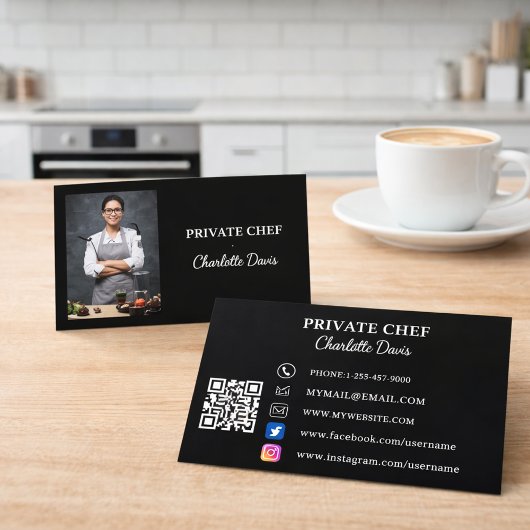 Private chef black white photo catering QR code Visitekaartje