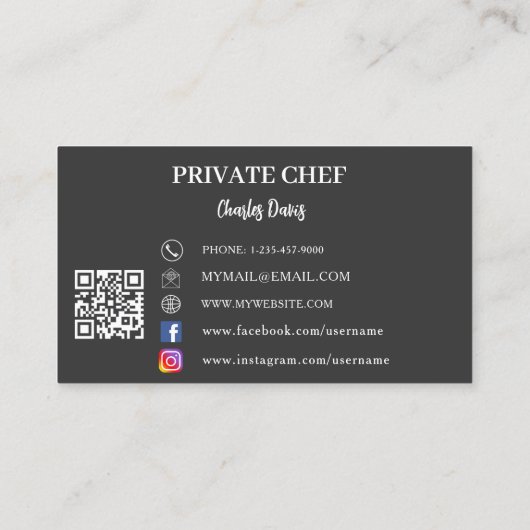 Private chef houtskool grijs foto catering QR code Visitekaartje (Achterkant)