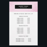 Prix et services élégants du Salon rose<br><div class="desc">Le design de flyer glamour et élégant affiche vos services, liste de prix ou informations d'affaires sur une image numérique de motif de paillettes rose. Superposition à bande noire. Comprend quatre en-têtes personnalisables et des champs de texte corps. Pour ajuster la disposition, entrez votre texte, puis utilisez la fonction Personnaliser...</div>