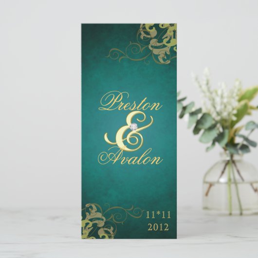 Prix Nobel Turquoise Scroll Gold Wedding Programme (Debout devant)