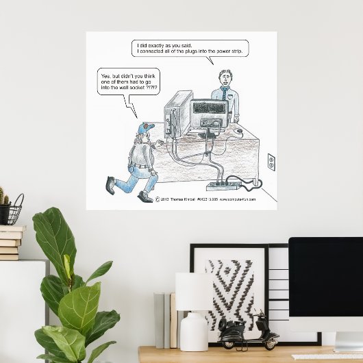 Problemen met het computernetsnoer cartoon poster (Thuiskantoor)