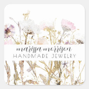 Product met handgemaakte juwelen roze goudbloem vierkante sticker