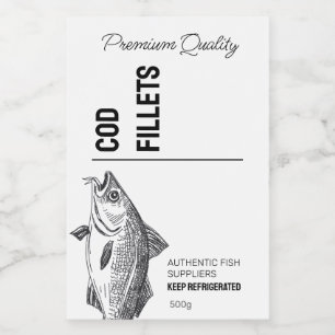 Productetiket kabeljauwvisfilets voedselcontainer etiket