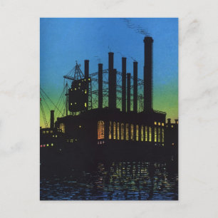 Productiefabriek op zonsondergang,  bedrijf briefkaart