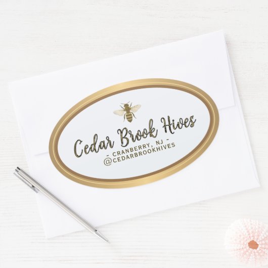 Productlabel bedrijfsnaam, logo & locatie bij ovale sticker (Envelop)