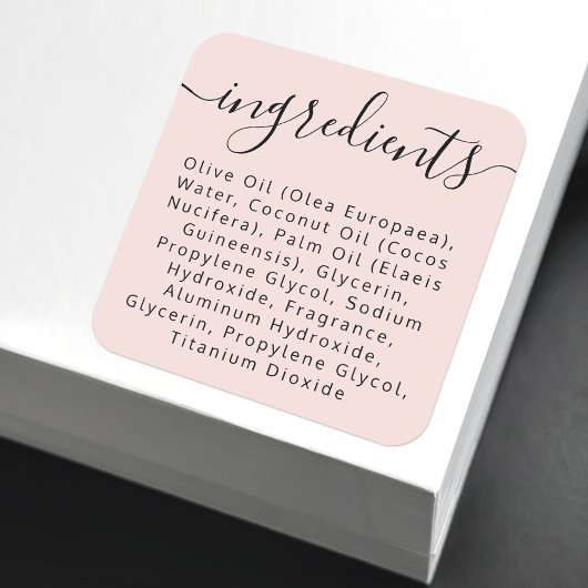 Productlabel Blush roze script ingrediëntenlijst Vierkante Sticker