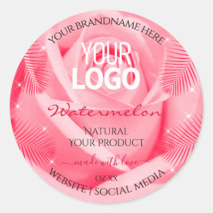 Productlabel Roze rode rode palmbladeren Voeg Logo Ronde Sticker