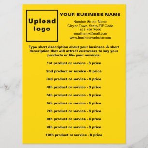 Produits d'affaires et prix sur la carte de menu J