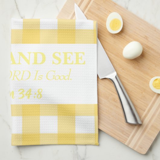 Proef en zie dat de HEER goed is, geel Theedoek (Quarter Fold)