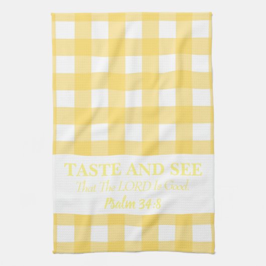 Proef en zie dat de HEER goed is, geel Theedoek (Verticaal)
