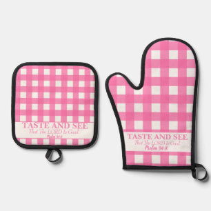 Proef en zie dat de Heer goed roze is Ovenwant & Pannenlap Set
