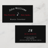 professeur de musique carte de visite noir + note  (Devant / Derrière)