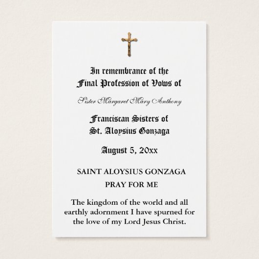 PROFESSION NUN CATHOLIQUE DE VOWS CARTE SAINTE (Dos)