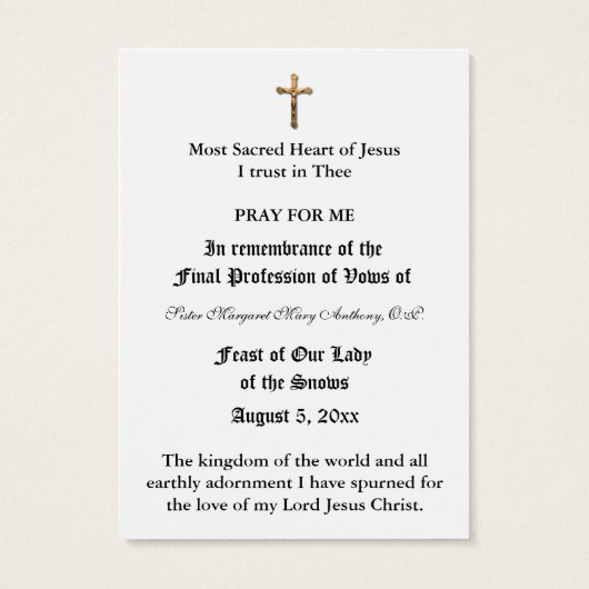 PROFESSION NUN CATHOLIQUE DE VOWS CARTE SAINTE (Dos)