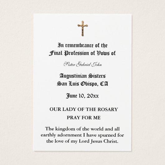 PROFESSION NUN CATHOLIQUE DE VOWS CARTE SAINTE (Dos)