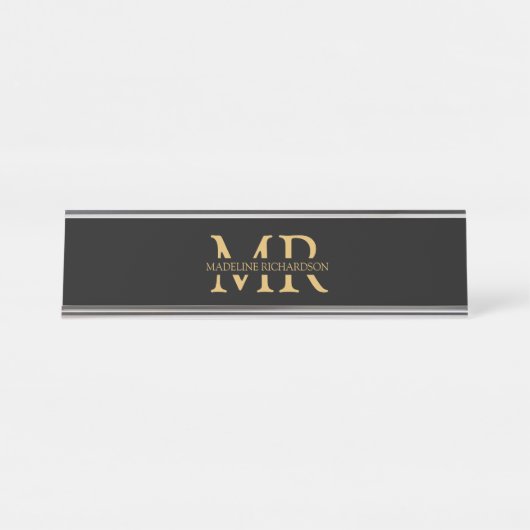 Professional Black Gold Monogram Name Initialen Bureau Naambordje (Voorkant)