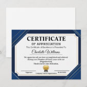 Professional Certificate of Appreciation Blue Gold Informatiekaartje (Voorkant / Achterkant)