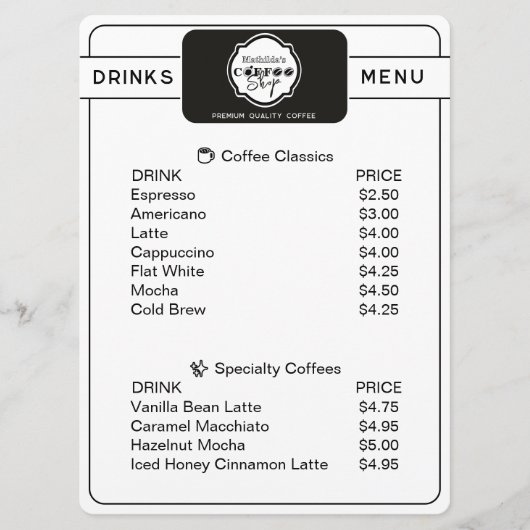 Professional Coffee Shop Personalized Drinks Menu (Voorkant)