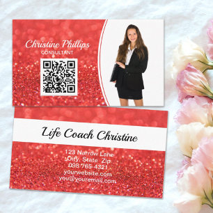 Professional Coral Bokeh Glitter Custom Photo QR Visitekaartje