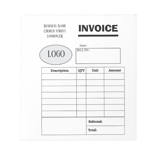 Professional custom business invoice notitieblok (Voorkant)