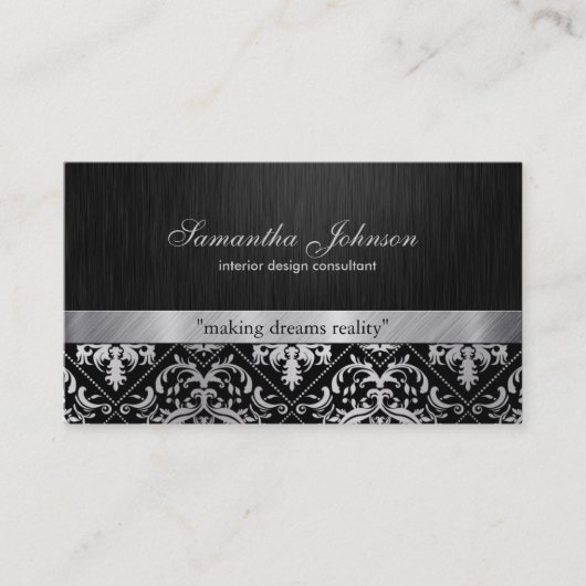 Professional Elegant Black en Silver Damask Visitekaartje (Voorkant)