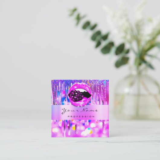 Professional Makeup Logo Lip Holograaf Drip Berry Vierkante Visitekaartje (Staand voorkant)