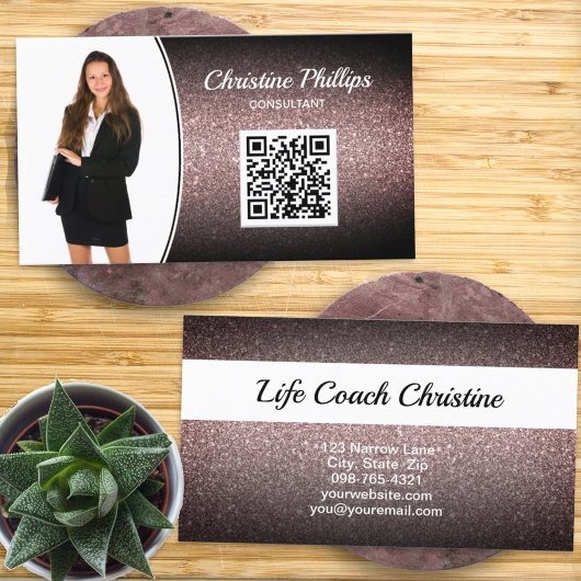 Professional Marsala Ombre Glitter Custom Photo QR Visitekaartje