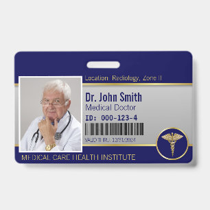 Professional Medical Caduceus Gold Blue Foto ID Badge