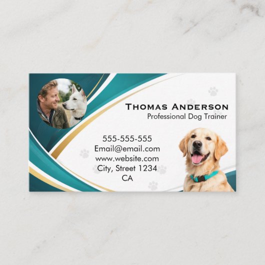 Professional Modern Teal & Gold Dog Trainer Custom Visitekaartje (Voorkant)
