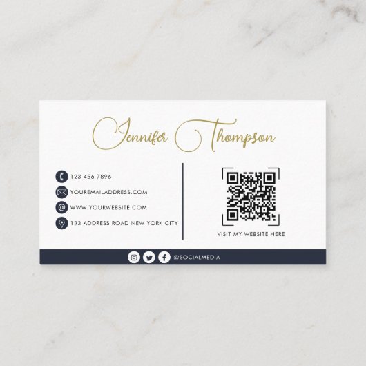 Professional Navy Blue- en Gold Script QR-code Visitekaartje (Achterkant)