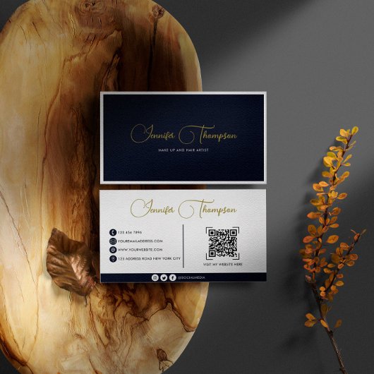 Professional Navy Blue- en Gold Script QR-code Visitekaartje