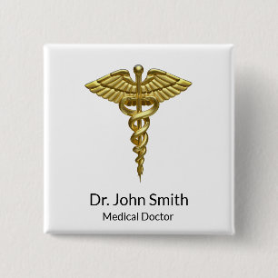 Professional Precious Medical Gold Caduceus Vierkante Button 5,1 Cm