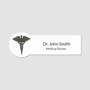 Professional Simple Medical Caduceus Black White Naamplaatje