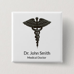 Professional Simple Medical Caduceus Black White Vierkante Button 5,1 Cm