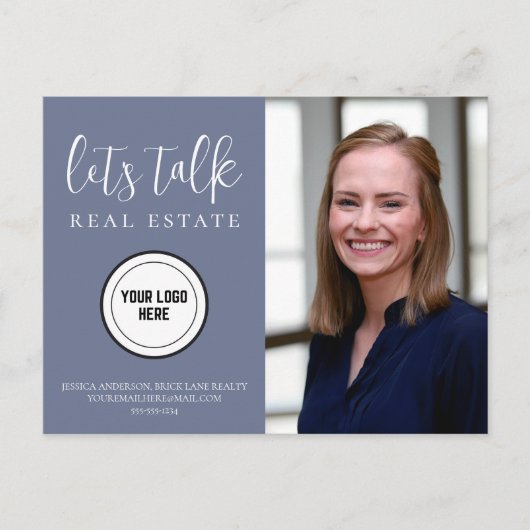 Professioneel Blauw Info Foto Real Estate Briefkaart (Voorkant)