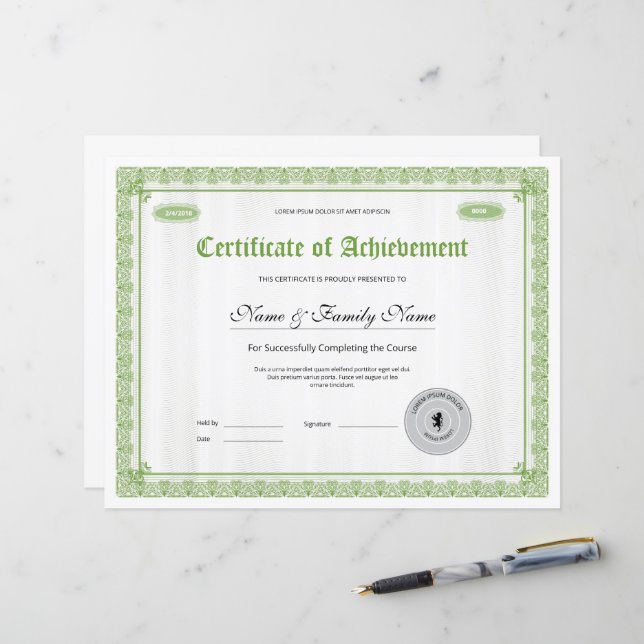 Professioneel certificaat van prestatie Sjabloon (Voorkant / Achterkant in situ)