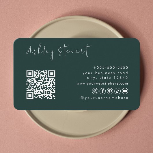 Professioneel Donkergroen QR Code minimaal script Visitekaartje