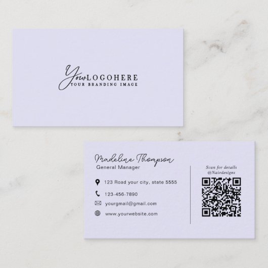 Professioneel Eigen Logo Script QR Code Lavendel Visitekaartje (Voorkant / Achterkant)