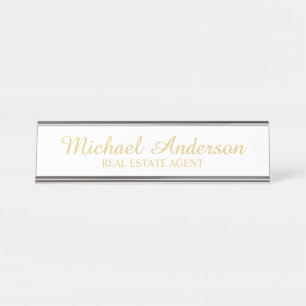 Professioneel Elegant Script Wit en Goud Bureau Naambordje