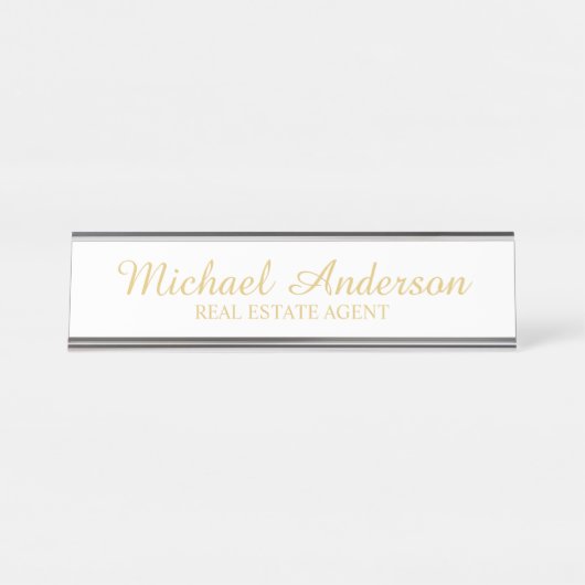 Professioneel Elegant Script Wit en Goud Bureau Naambordje (Voorkant)
