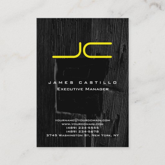 Professioneel grijs zwart hout geel monogram visitekaartje (Voorkant)